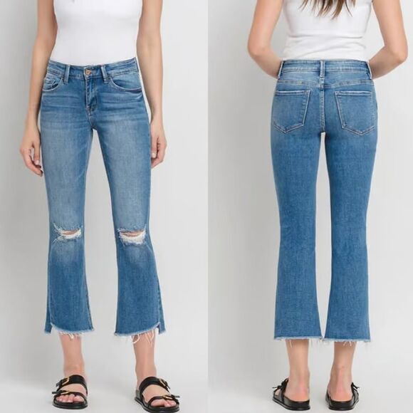 Vervet Forget Mid Rise Raw Step Hem Kick Flare Distressed Jeans Size 28 - Picture 1 of 7